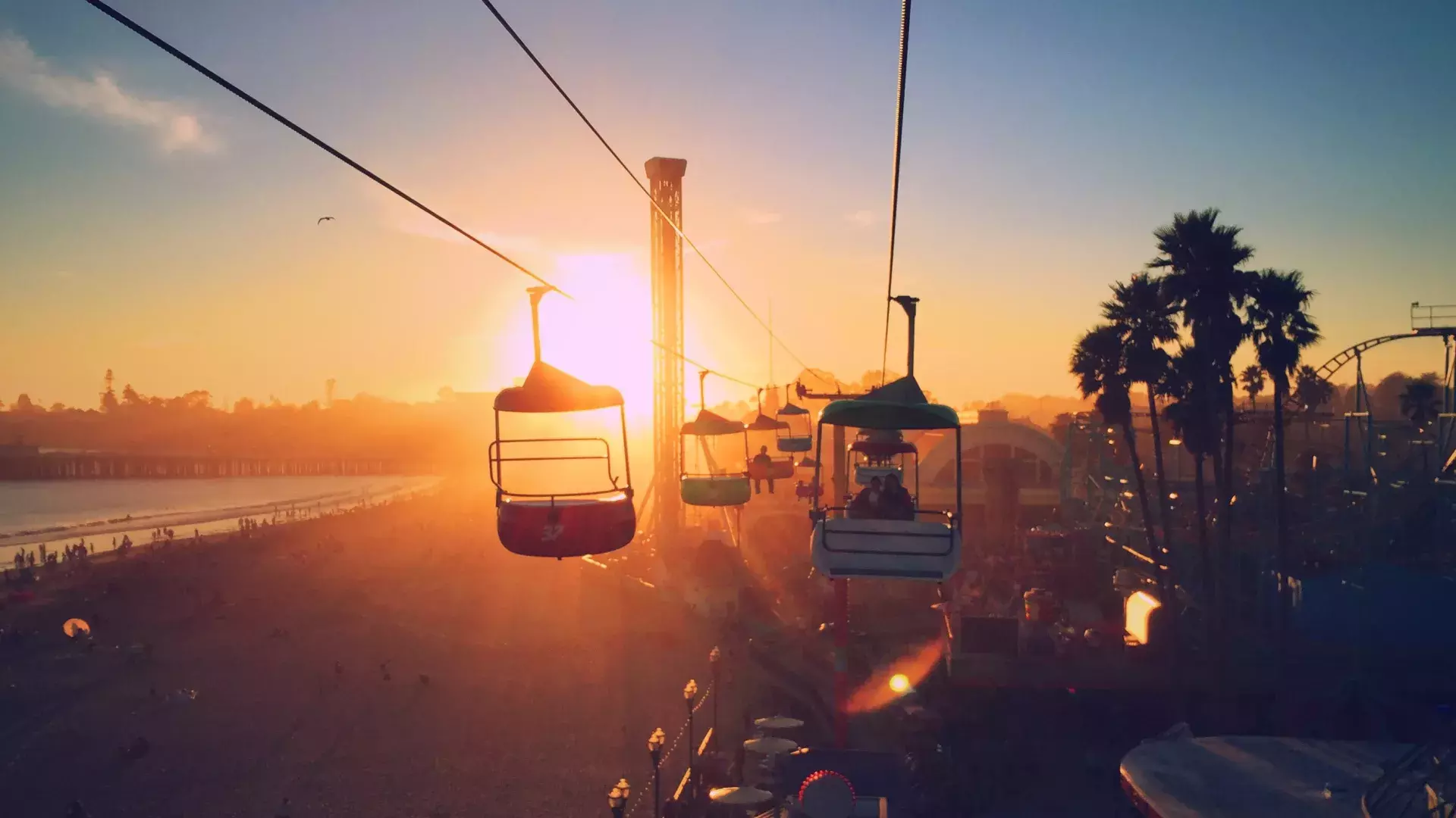 Santa Cruz boardwalk at sunset.