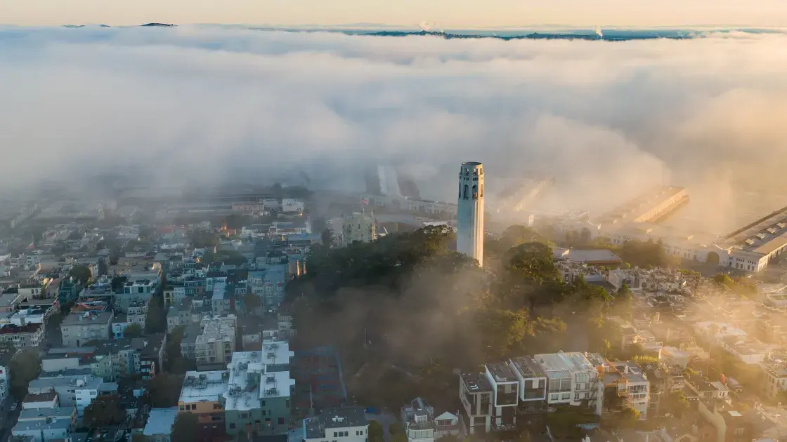 Coit Tower stands out in the fog.