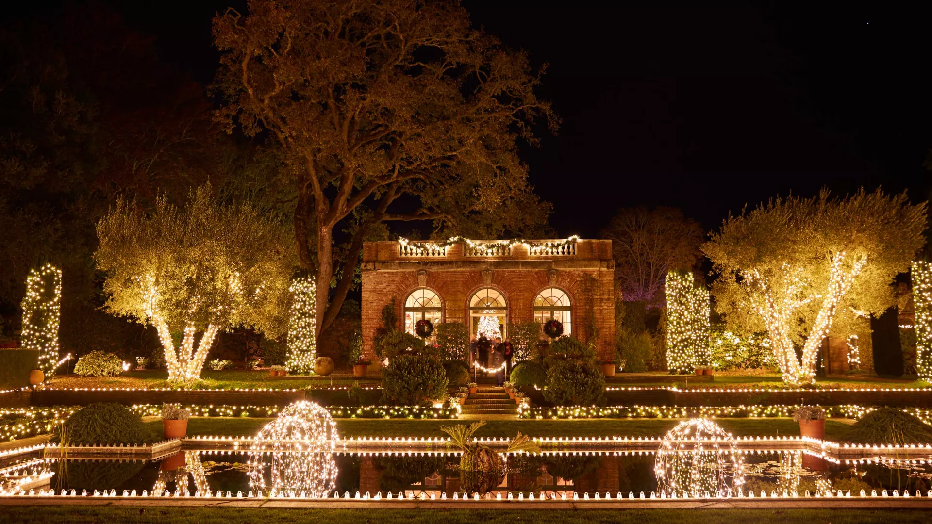 Brilliant Christmas lights illuminate the Sunken Garden at the