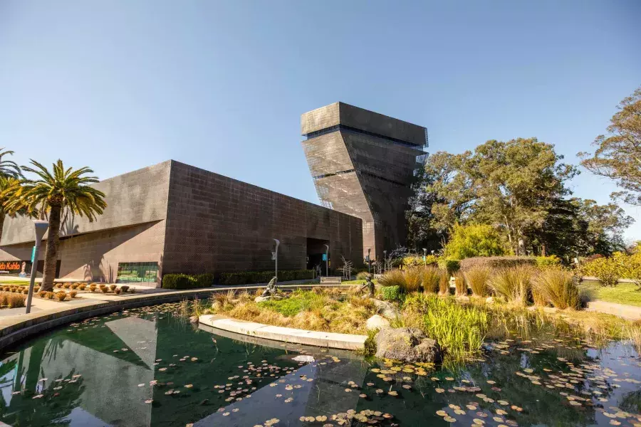 Exterior of the modern, angular de Young Museum. San Francisco, California.