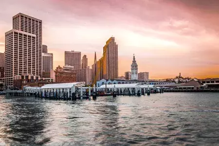 The Ferry Building at Sunset from the bay.