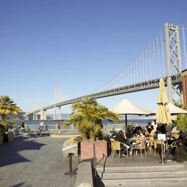 Diners enjoy a meal along the San Francisco waterfront.