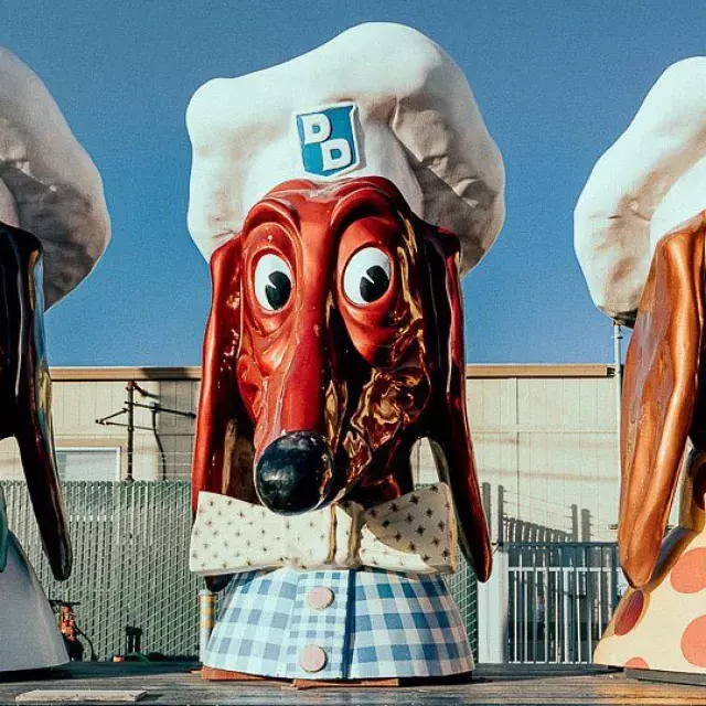 Three of the famous Doggie Diner heads on display.