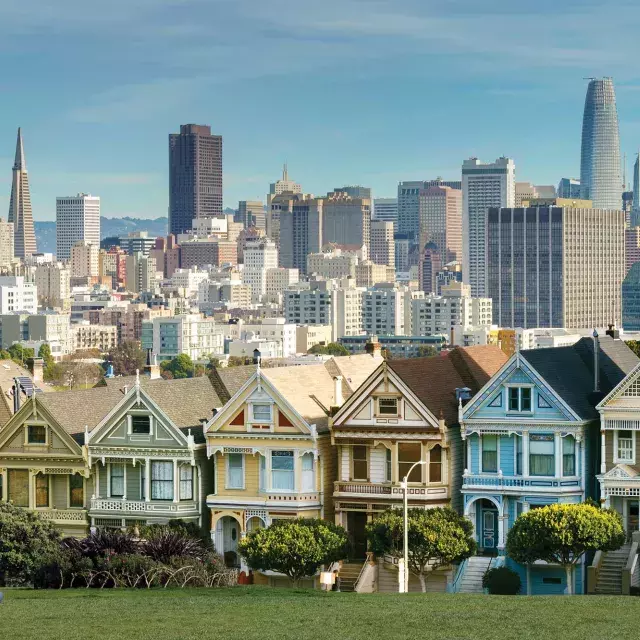 Picnickers sit on the grass at Alamo Square Park with the Painted Ladies and San Francisco skyline in the background.