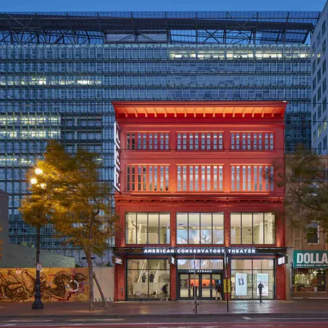 Exterior of the American Conservatory Theater at night. San Francisco, California.