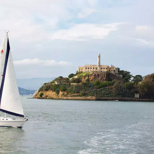 A sailboat passes in front of Alcatraz Island in San Francisco.